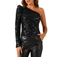 thumbnail image 1 of INSPIRAR CHIC Blusa de Mujer con Lentejuelas de Un Hombro, Manga Larga con Volantes, Tops Brillantes y Elegantes para Fiesta, Color Negro, 1 of 5
