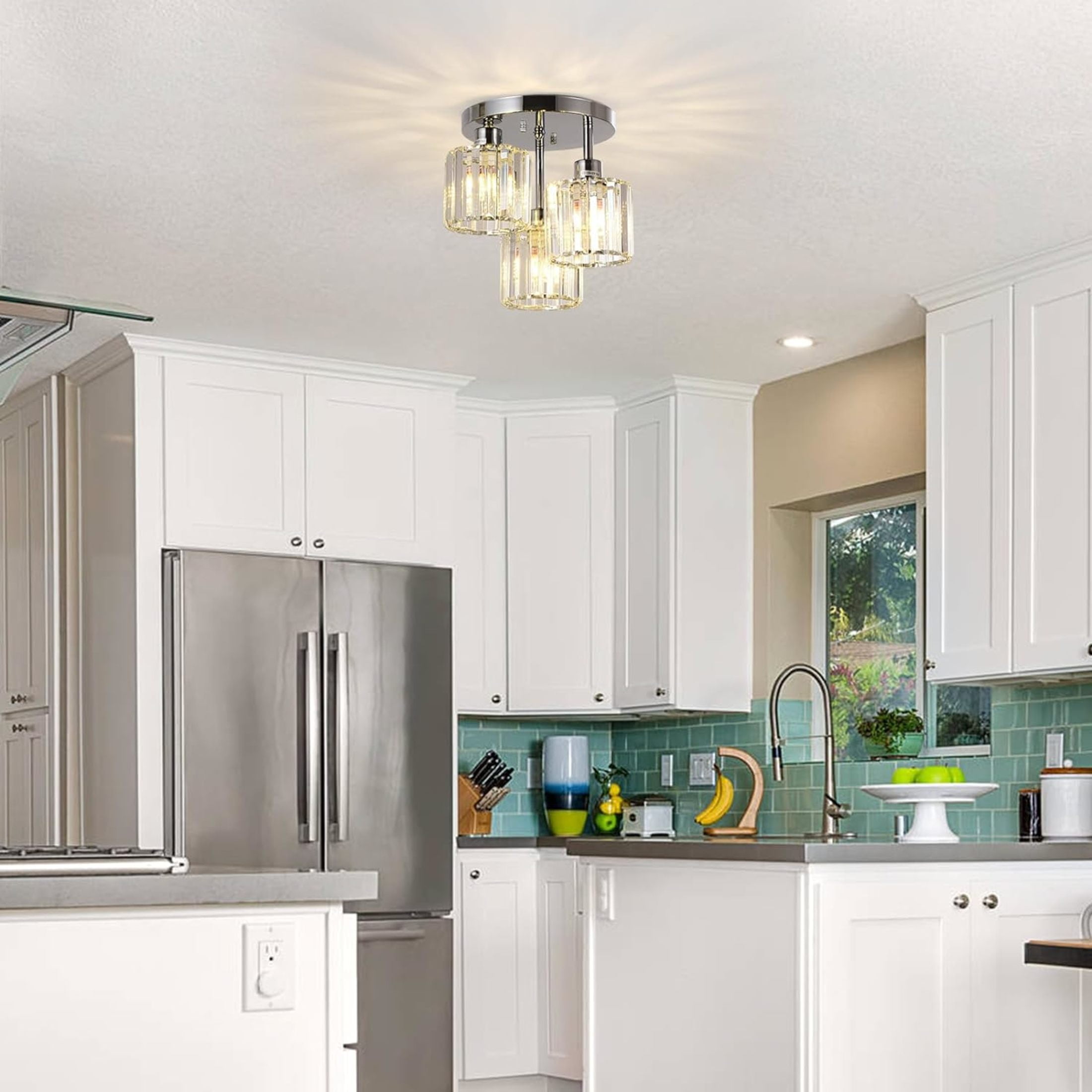 Noble House 13" Crystal Semi-Flush Ceiling Light, Modern Metal Frame, 3-Light E26, Clear Crystal Shade, Silver