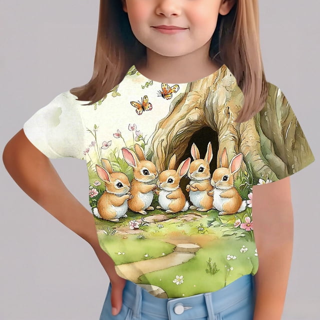 Blusas y camisas de manga corta con cuello redondo Camiseta estampada de manga corta de Pascua para niños Cuello redondo Manga corta Casual Versátil Para niñas Niños Top de poliéster