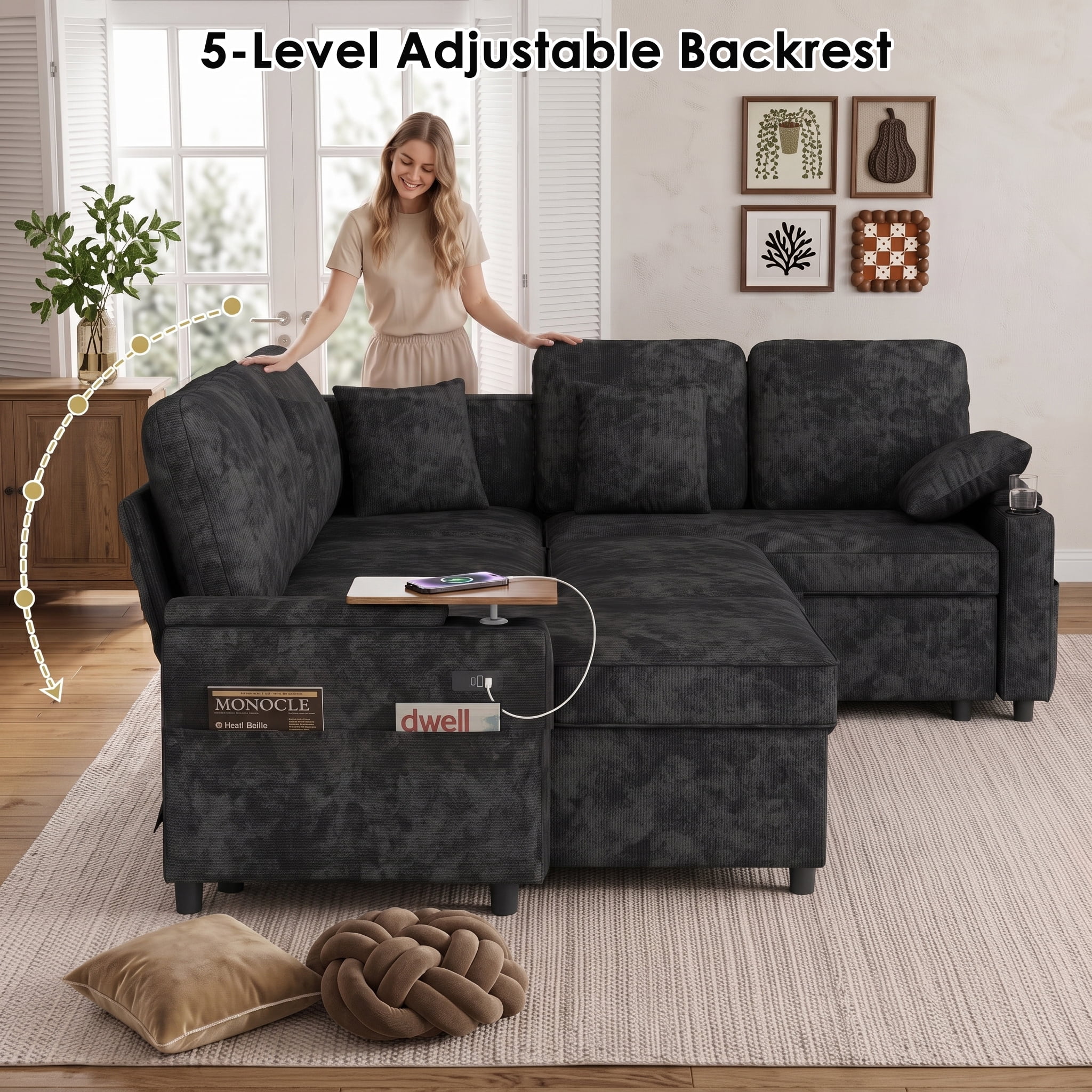 Xiweot 108" Modular Sectional Sleeper Sofa with Pull Out Couch, L Shaped Sofa Bed with Storage Chaise, Adjustable Backrest, USB Ports & Small Table, 7 Seaters Chenille Sofa for Living Room (Black)