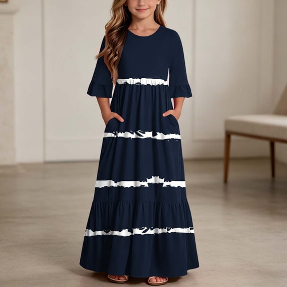 Girls Summer Maxi Dress Kids Striped Short Sleeve T-Shirt Dress for School Casual Dress with Pockets Navy 9-10 Years