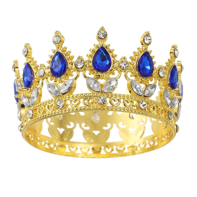 Uxcell Mini Toppers de Pastel en Forma de Corona, Tiara de Aleación para Reina y Princesa con Cristal para Decoración de Pasteles de Cumpleaños, Dorado/Azul Oscuro