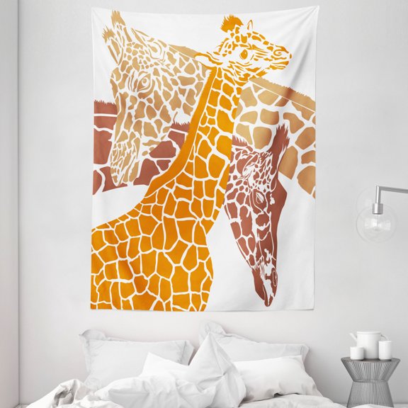 Giraffe Tapestry, Sketch of A Family Safari Wildlife in African Tall Animal Zoo Camouflage, Wall Hanging for Bedroom Living Room Dorm Decor, 60W X 80L Inches, Orange White Brown, by Ambesonne
