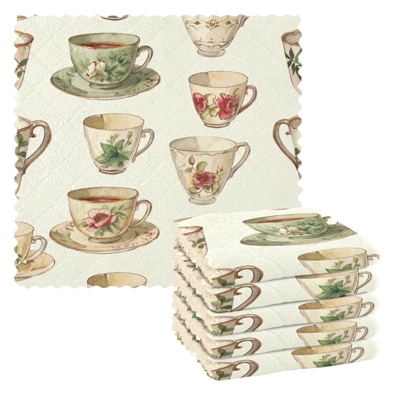 6 Pieces of Kitchen Towels 11x11Inch Kitchen Dish Cloths Kitchen Dish Towels Reuseable Cleaning Cloths Rose Tea Cup