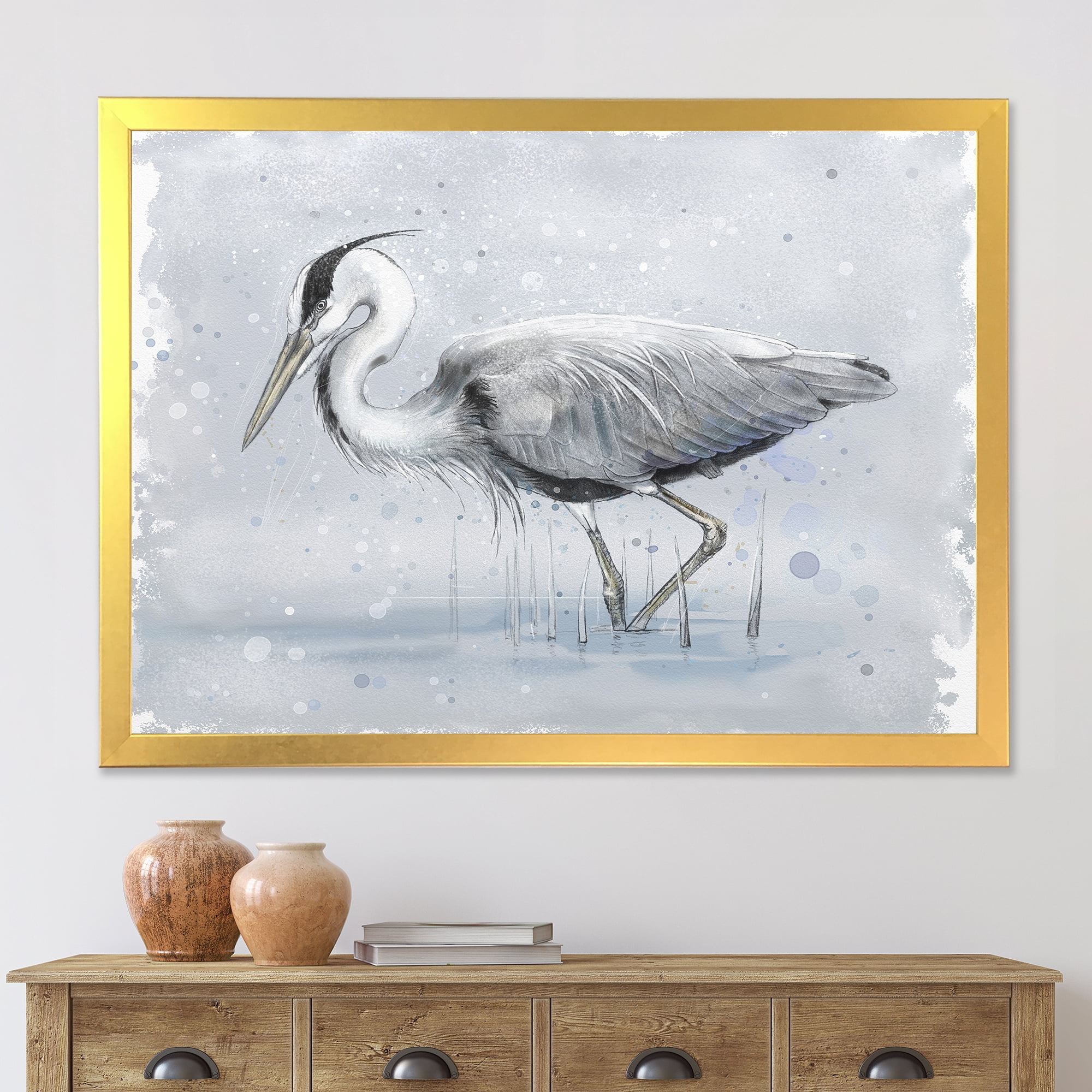 Designart 'Grey Heron Bird In Lake' Farmhouse Framed Art Print