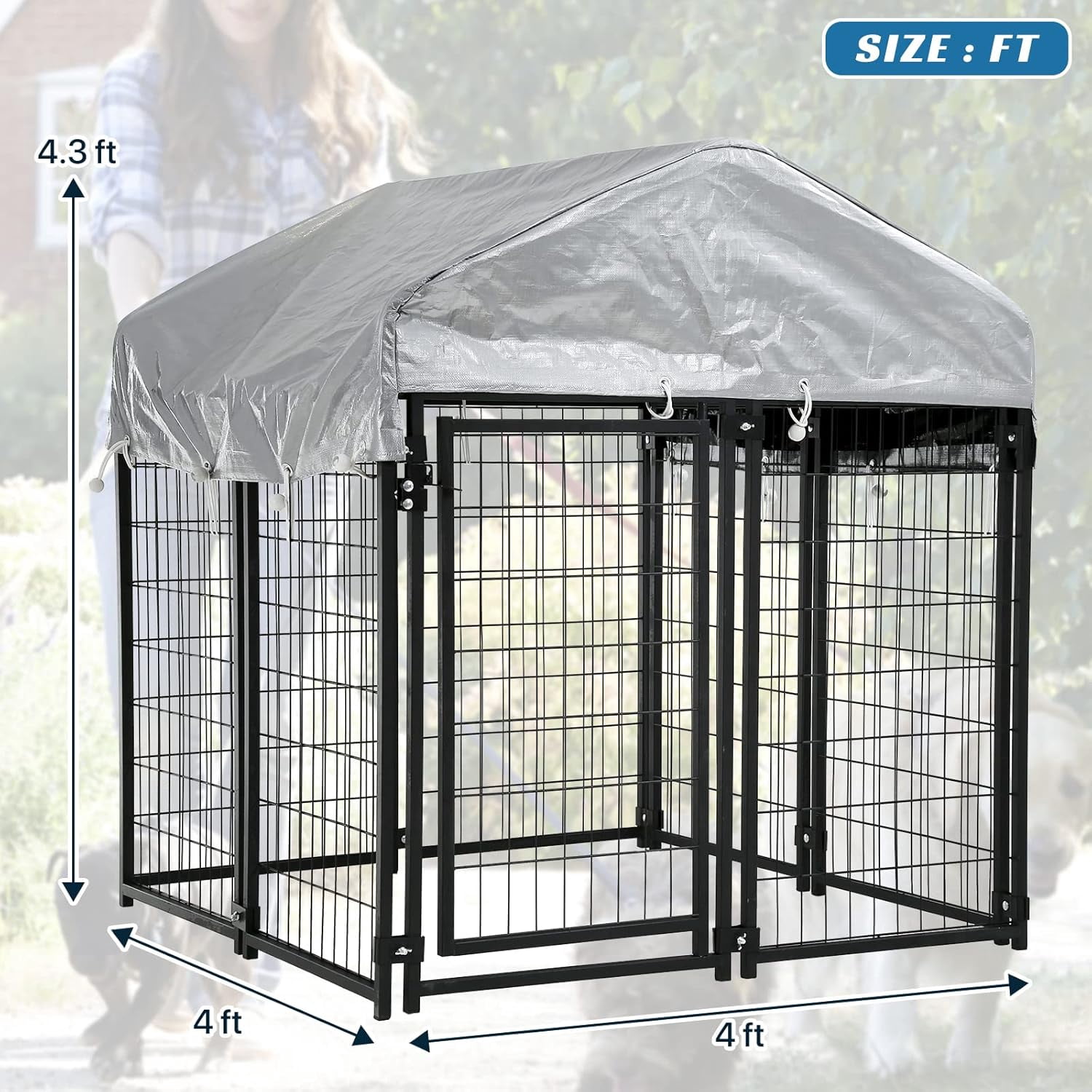 Dkelincs Large Dog Kennel 4.3' x 4' x 4' Heavy Duty Outdoor Dog Crate Cage with Roof and Waterproof Cover, Black