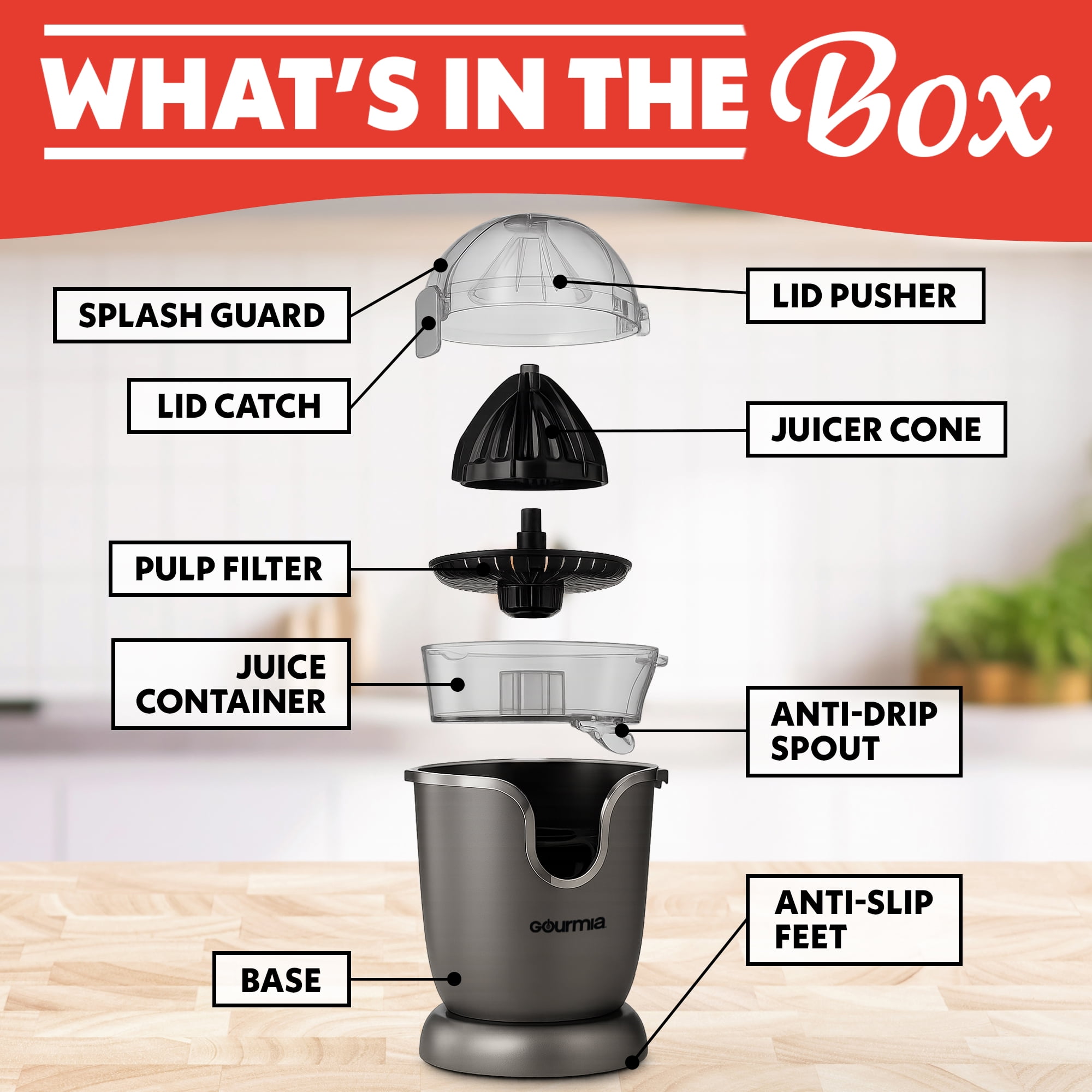 Gourmia Automatic Electric Citrus Juicer, Hands-Free, One-Touch, Universal Cone
