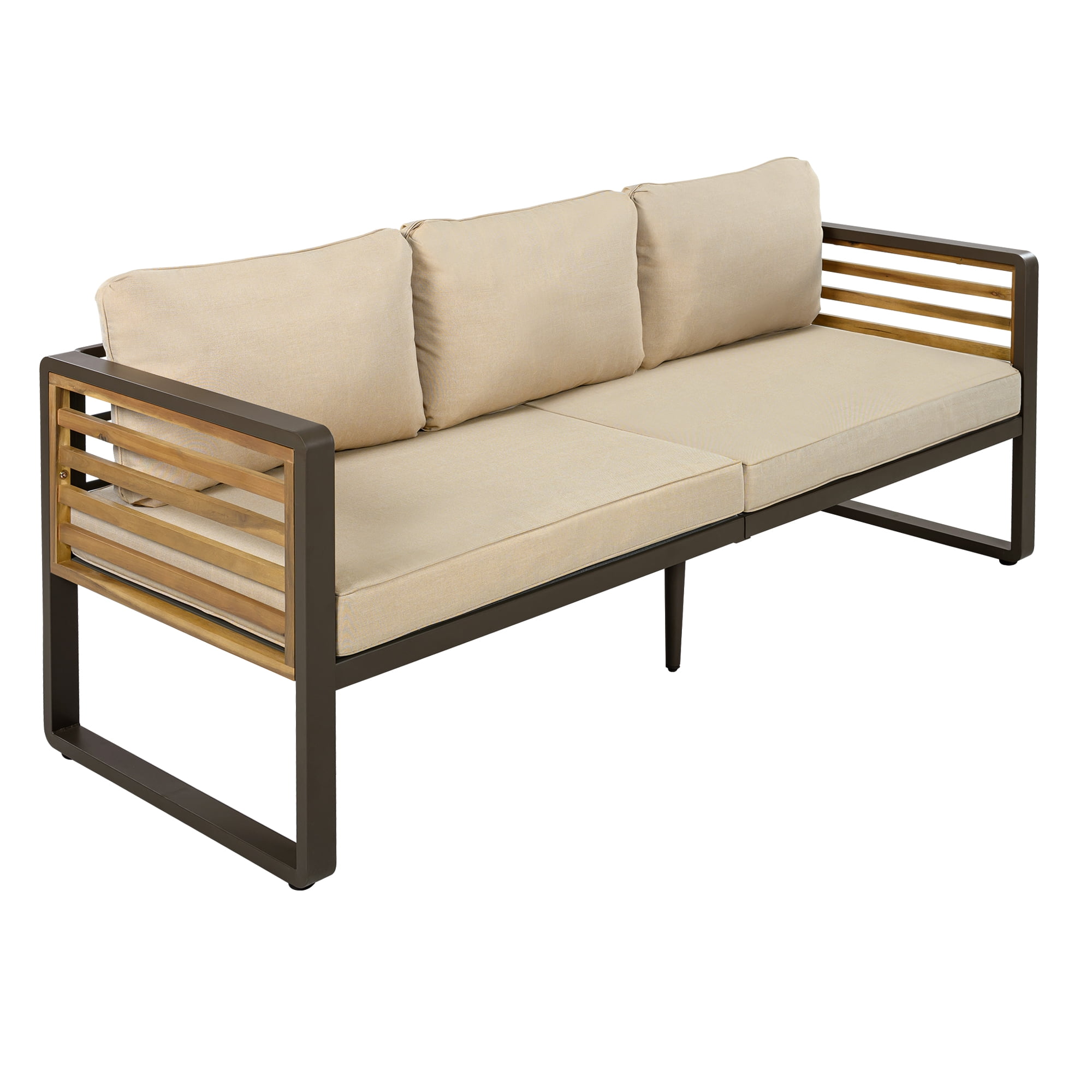 YIORTWO 4-Piece Outdoor Acacia Wood Conversation Set with 4" Thick Cushions, Brown Metal Sofa Set for 5 People, Patio Furniture with Adjustable Feet