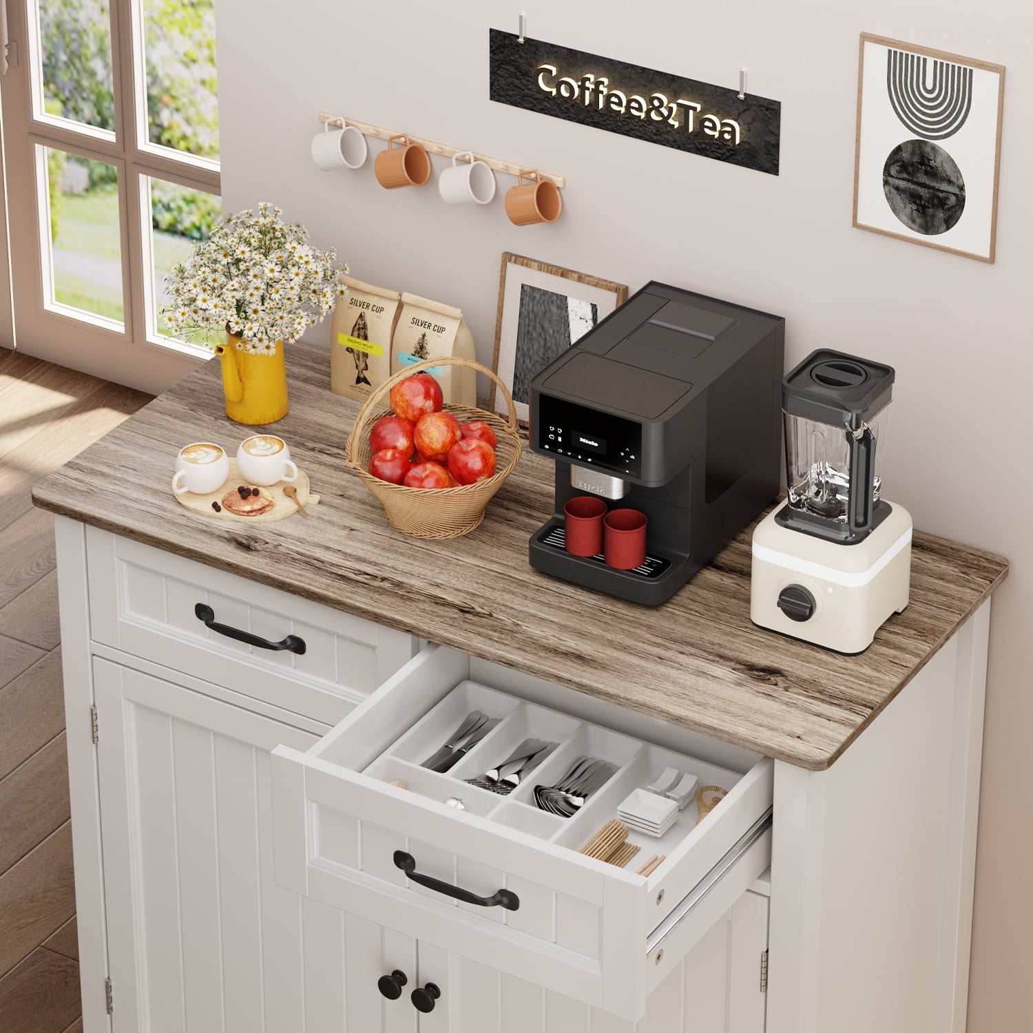 Coffee Bar Cabinet, Lofka 35.4 Inch Small Sideboard Buffet Cabinet with Drawers & Adjustable Shelf, Slim Waterproof Storage Cabinet for Apartment Kitchen Entryway Living Room Home Office, Gray