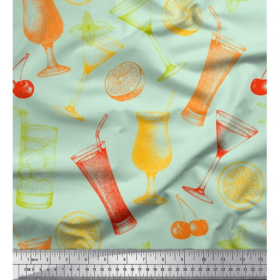 Soimoi Green Rayon Crepe Fabric Lemon Slice & Soft Drink Beverages Print Fabric by Yard 46 Inch Wide