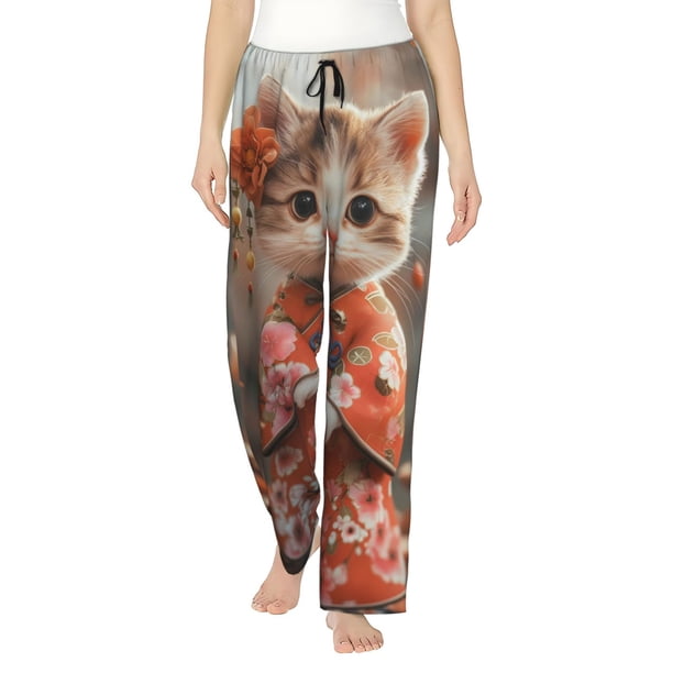 Fotbe Adorable Kitten In Kimono Pantalones de Pijama para Mujer, Pantalones de Dormir, Pantalones Pj con Cordón y Bolsillos-XX-Large