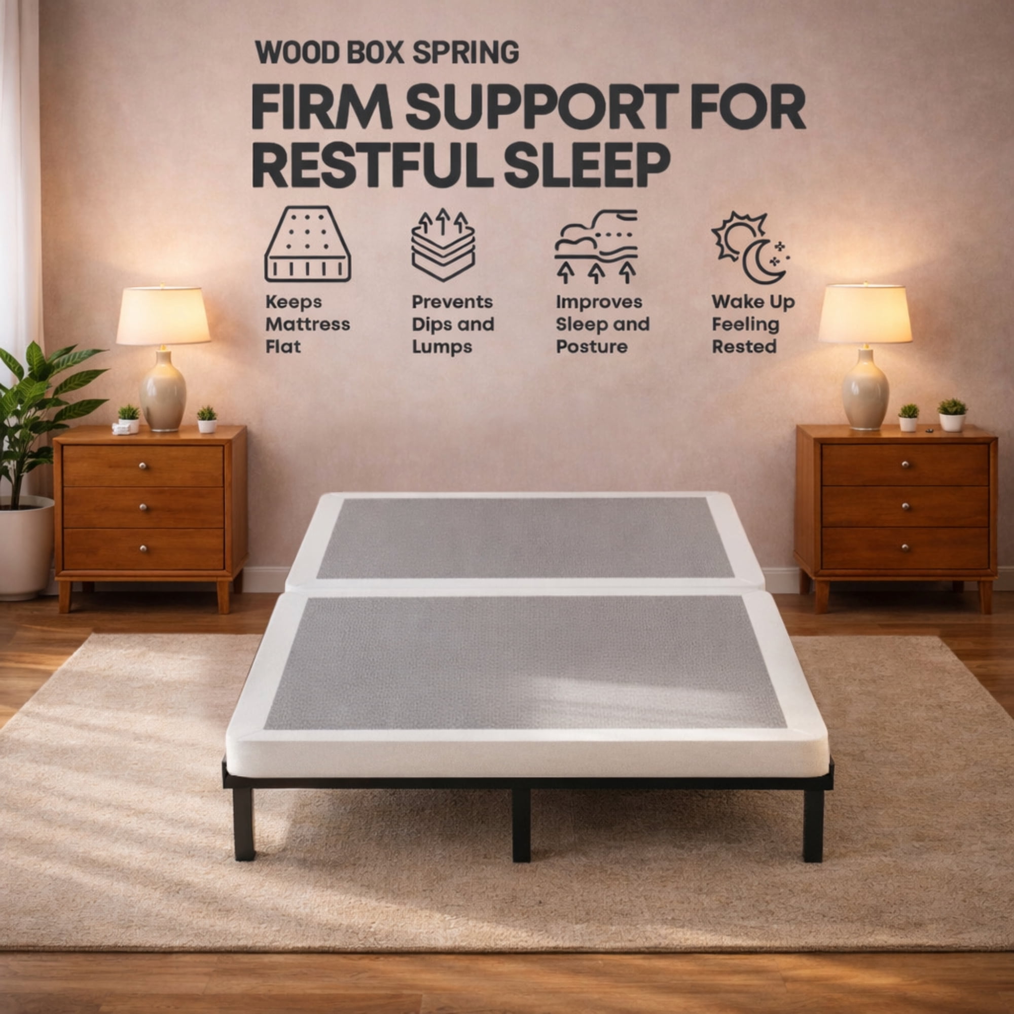 Continental Sleep, Box Spring Bed Base Twin Size, 1.5-Inch Wood Mattress Foundation, Quiet Noise Free, 2-Pieces Under Mattress Support BoxSpring, Fully Assembled, White