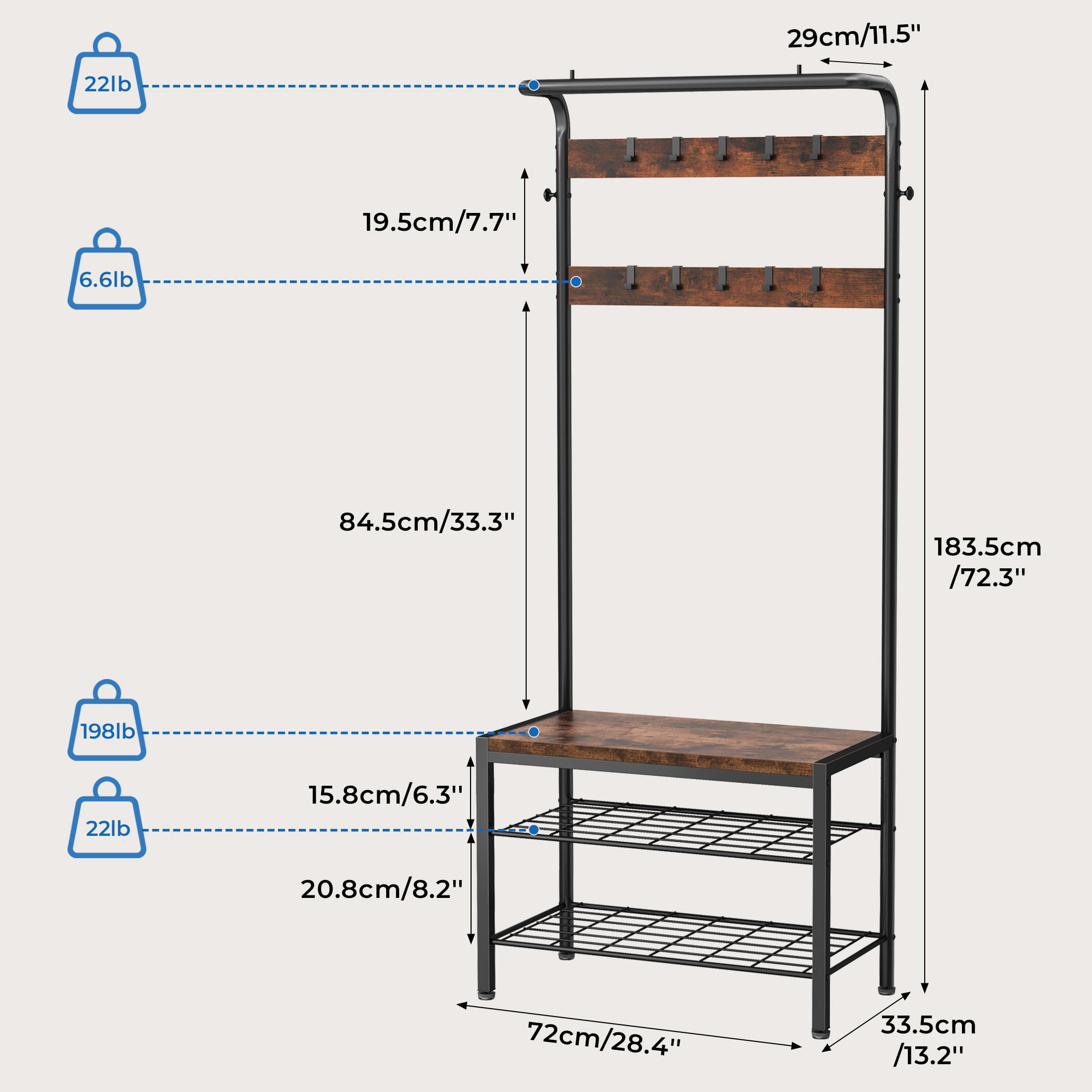 edx 4-in-1 Coat Rack with Shoe Bench and Hall Tree, entryway bench with 10 Removable Coat Hooks, Sturdy Steel & Wood Entryway Organizer, Anti-Tip Design, Rustic
