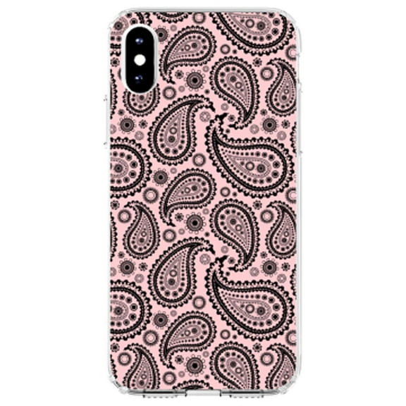 DistinctInk Clear Shockproof Hybrid Case for iPhone XS Max (6.5" Screen) - TPU Bumper, Acrylic Back, Tempered Glass Screen Protector - Black & Pink Paisley