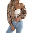 thumbnail image 5 of Wevis Women's Collared Plaid Long Sleeve Button Front Cropped Shacket with Pockets - KHAKI_L, 5 of 7