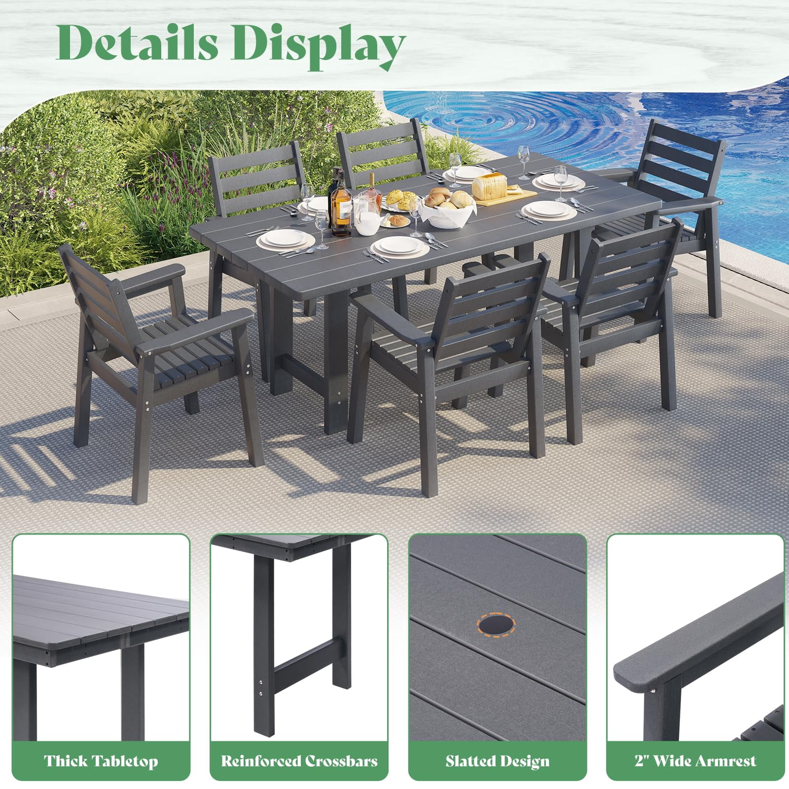 LUXOAK 7 Piece HDPE Outdoor Dining Set, 71" Table with 6 Chairs, Patio Furniture, Grey