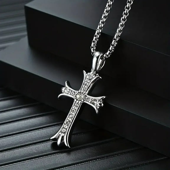 New Fashion Male Crystal Zirconia Cross Pendant Necklace 14K White Gold 60CM Link Chain Jewelry For Men Best Gift