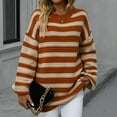 thumbnail image 2 of zaveiop Women's Striped Long Sleeved Knitted Sweater, Striped Round Neck Pullover Sweater, Casual Commuting top (Z-Orange, XL), 2 of 9