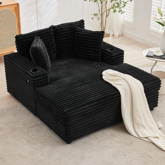 Oversized Chaise Lounge Chair, 60" Upholstered Sofa Bed with Throw Pillows and Armrests, Corduroy Sleeper Couch for Living Room, Bedroom, Office, Black