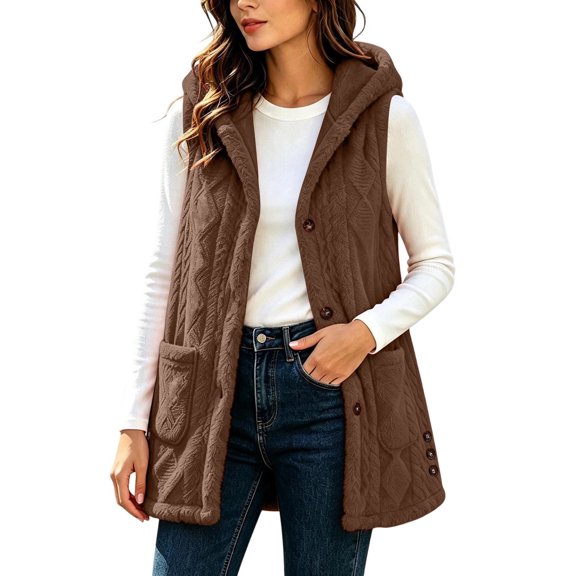 QIYAGBSA Hooded Sherpa Fleece Vest for Women Button Down Jacquard Textured Sleeveless Oversized Mid Length Fall Winter Warm Coats with Patch Pockets