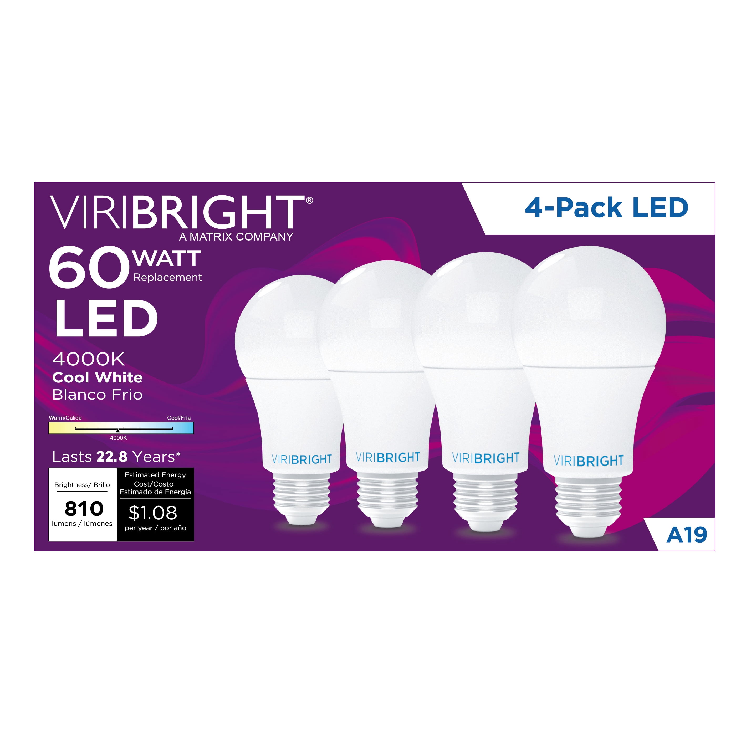 Viribright® A19 LED Bulb, 60W, Dimmable, 810 Lumens, CEC, 90+ CRI, Cool White 4000K (8 Pack)