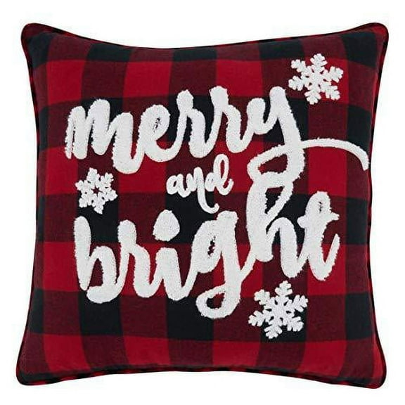 Fennco Styles Holiday Buffalo Plaid Merry and Bright Decorative Throw Pillow 16" W x 16" L - Red & Black Square Cushion for Christmas, Home, Couch, Office, Living Room Décor