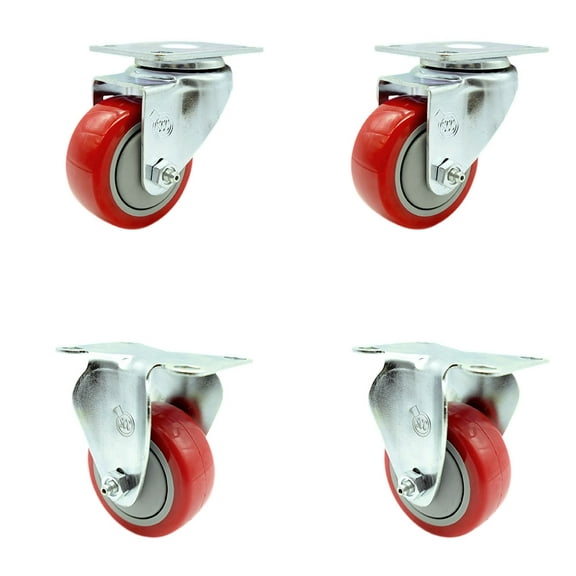 3.5 Inch Red Polyurethane Wheel Swivel Top Plate Caster Set with 2 Rigid SCC