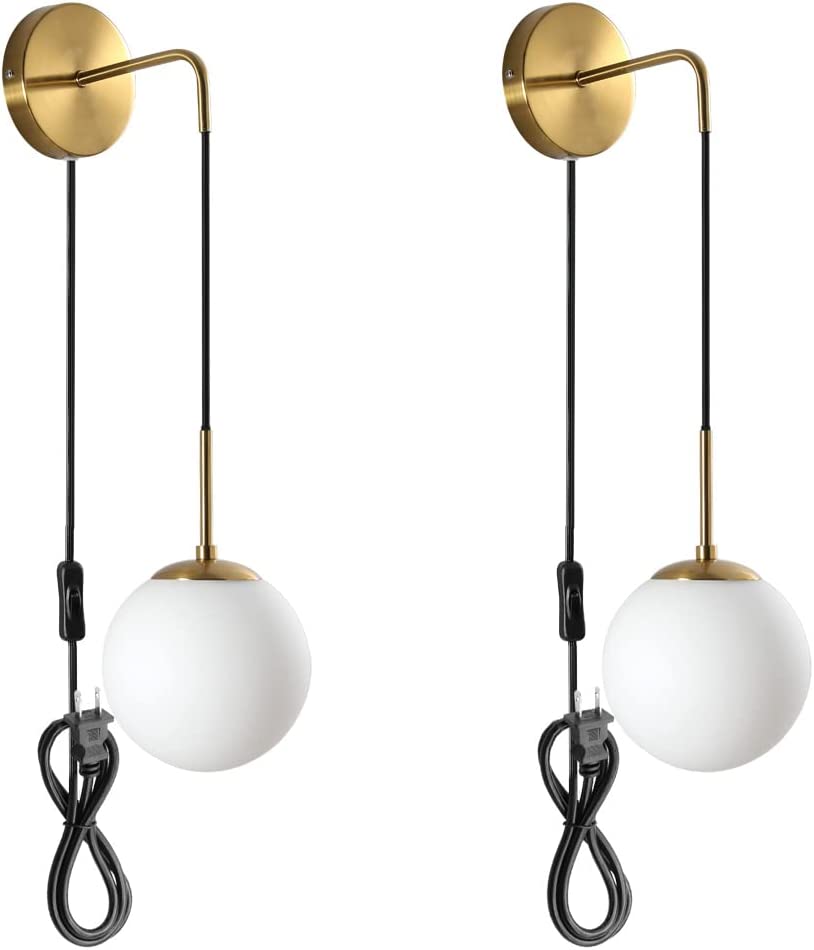 Milk Glass Gold Wall Sconces Set of Two Hanging Plug in Wall Sconce