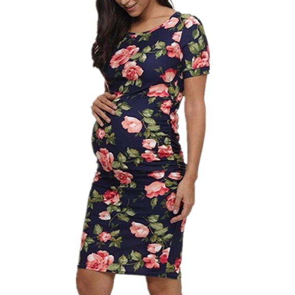 Maternity Dress Short Sleeve Bodycon Dress Baby Shower Daily Wear Navy S