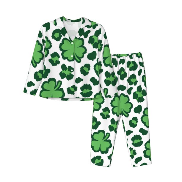 Fotbe Leopard print St. Patrick's Day Conjunto de Pijama de Manga Larga para Mujer con Estampado, Ropa de Dormir de 2 Piezas, Conjunto de Casa Suave y Cómodo con Bolsillos-X-Large