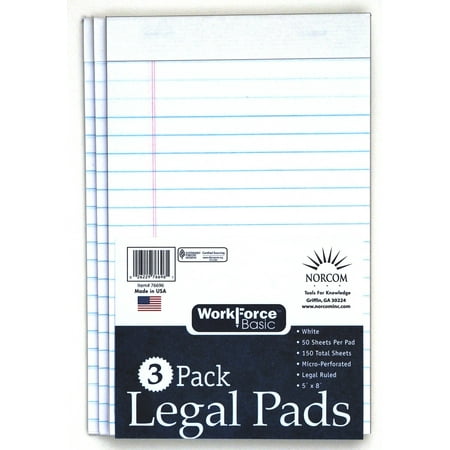 WorkForce Basic 3-Pack White Legal Pad, 50 Pages, 5" x 8"