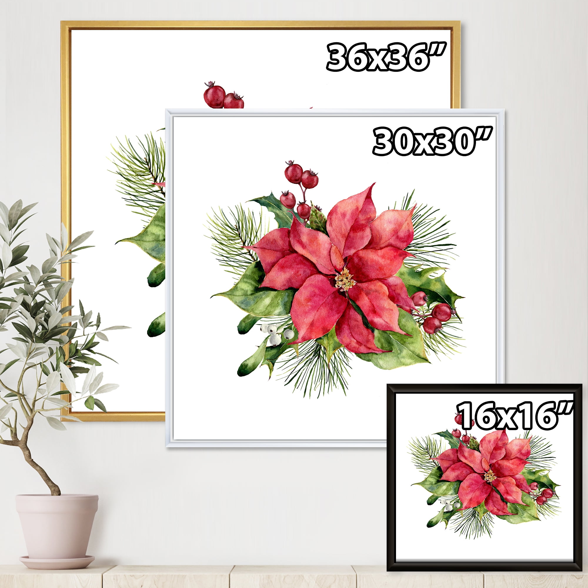 Designart 'Christmas Fir Branch and Holly Mistletoe Berries I' Traditional Framed Canvas Wall Art Print