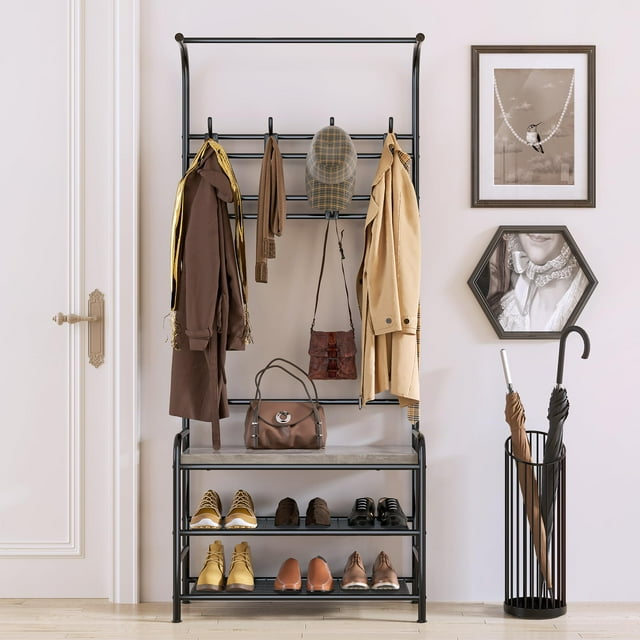 Coat Rack, Hall Tree with Shoe Bench, Steel Frame, Entryway Bench Coat Rack with a Hanging Rod, 3-Tier Shelf and 8 Hooks for Entryway