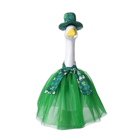 St Patrick's Day Lighted Porch Goose Outfit 3 Piece Set With Tutu Scarf And Hat For 19-23 Inch Lawn Geese Holiday Yard And Evening Decor