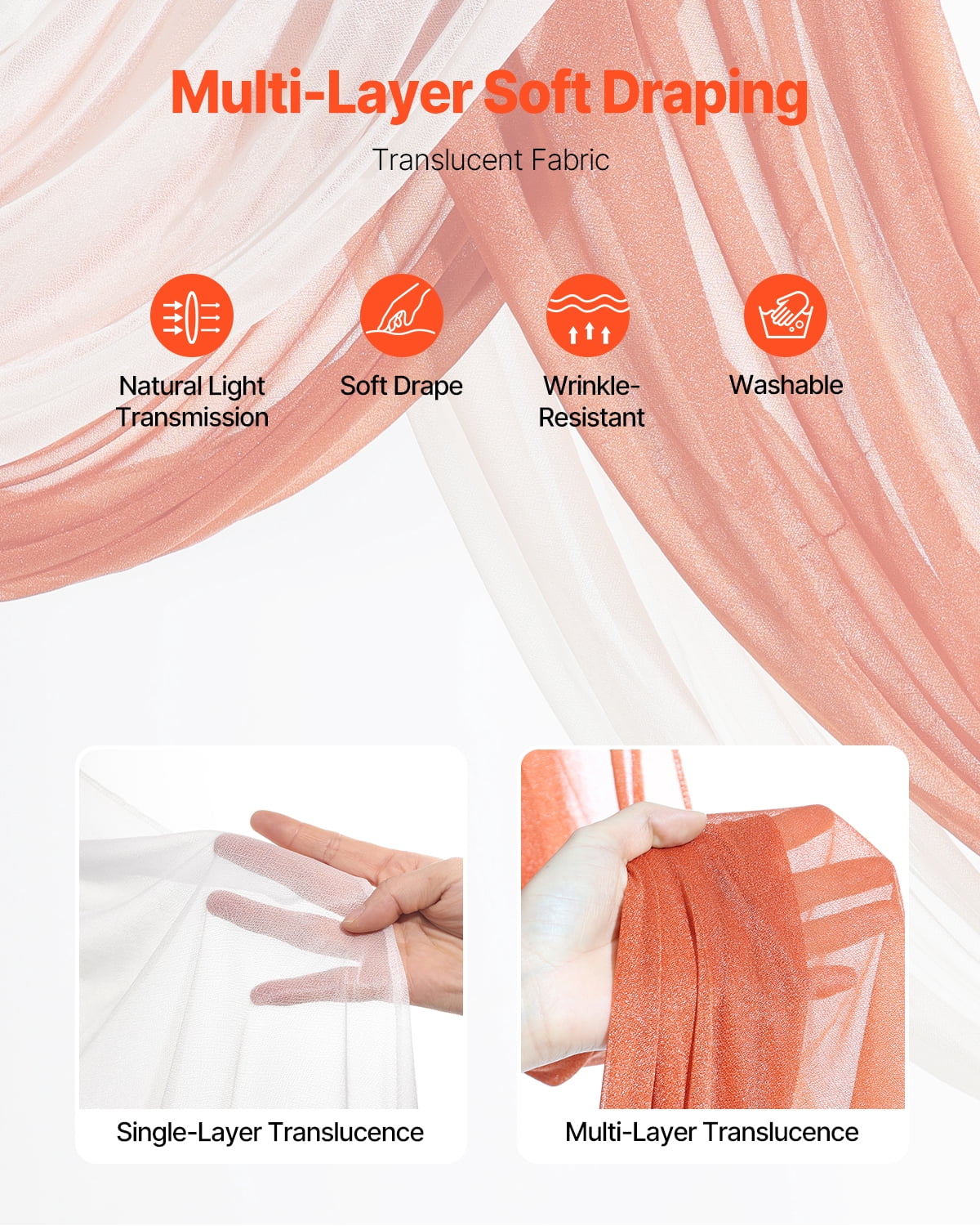 VEVOR Artificial Wedding Arch Flowers Kit, Orange Wedding Arch Flowers with Drapes Kit (Pack of 4) - 2 Pcs Floral Arrangement, 2 Pcs Sheer Drapes, for Ceremony Bouquets Reception Backdrop Decoration