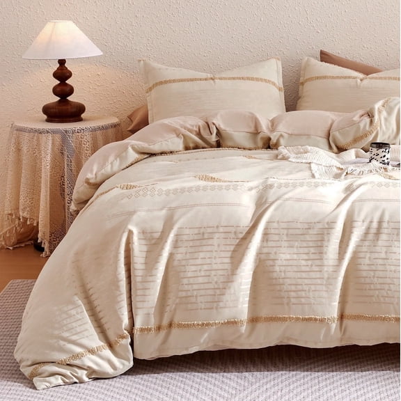 Sonive Boho Duvet Cover Set Modern Boho Beige Tufted Textured Duvet Cover Set, Queen