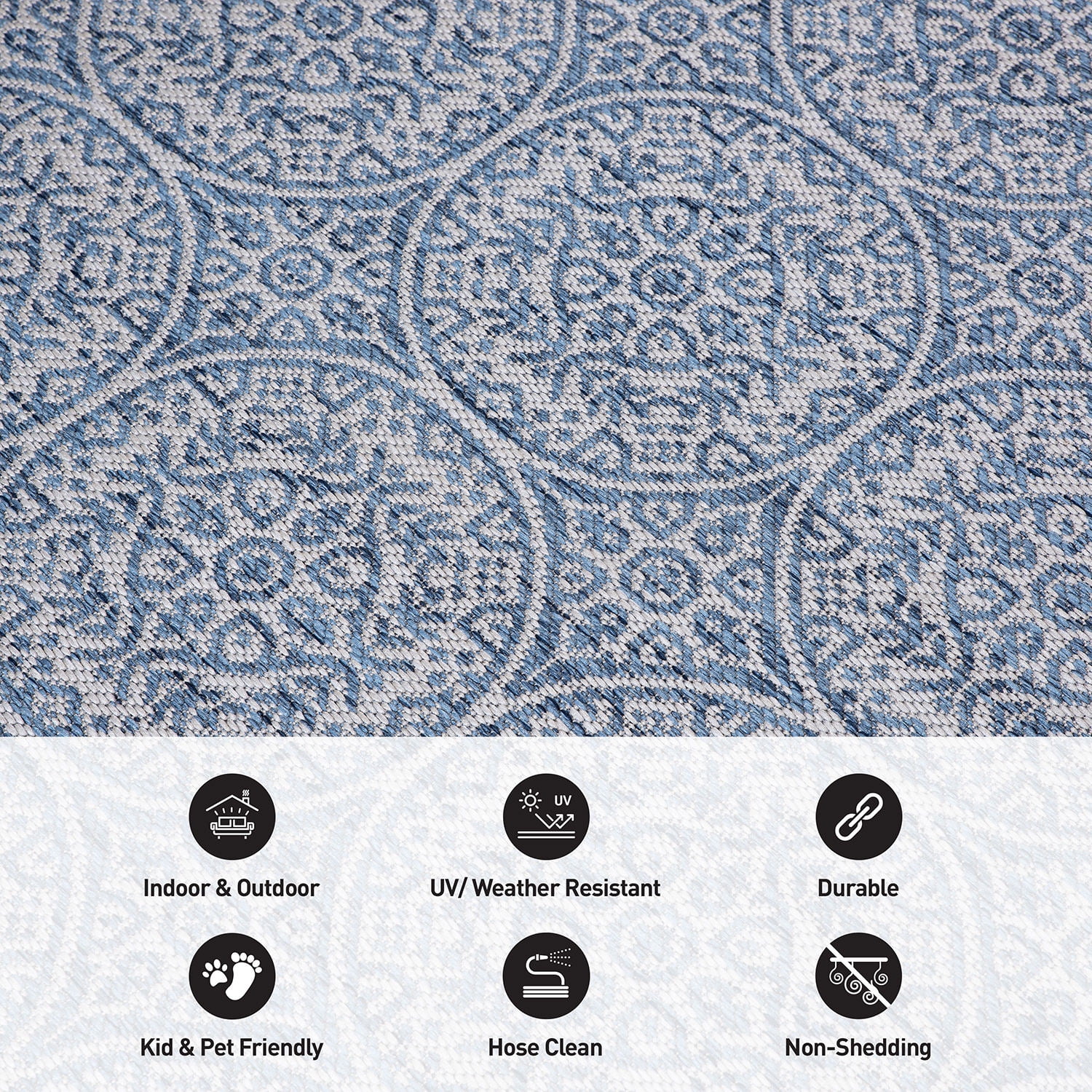 World Rug Gallery Transitional Floral Circles Textured Flat Weave Indoor/Outdoor Area Rug - BLUE 2'x7'