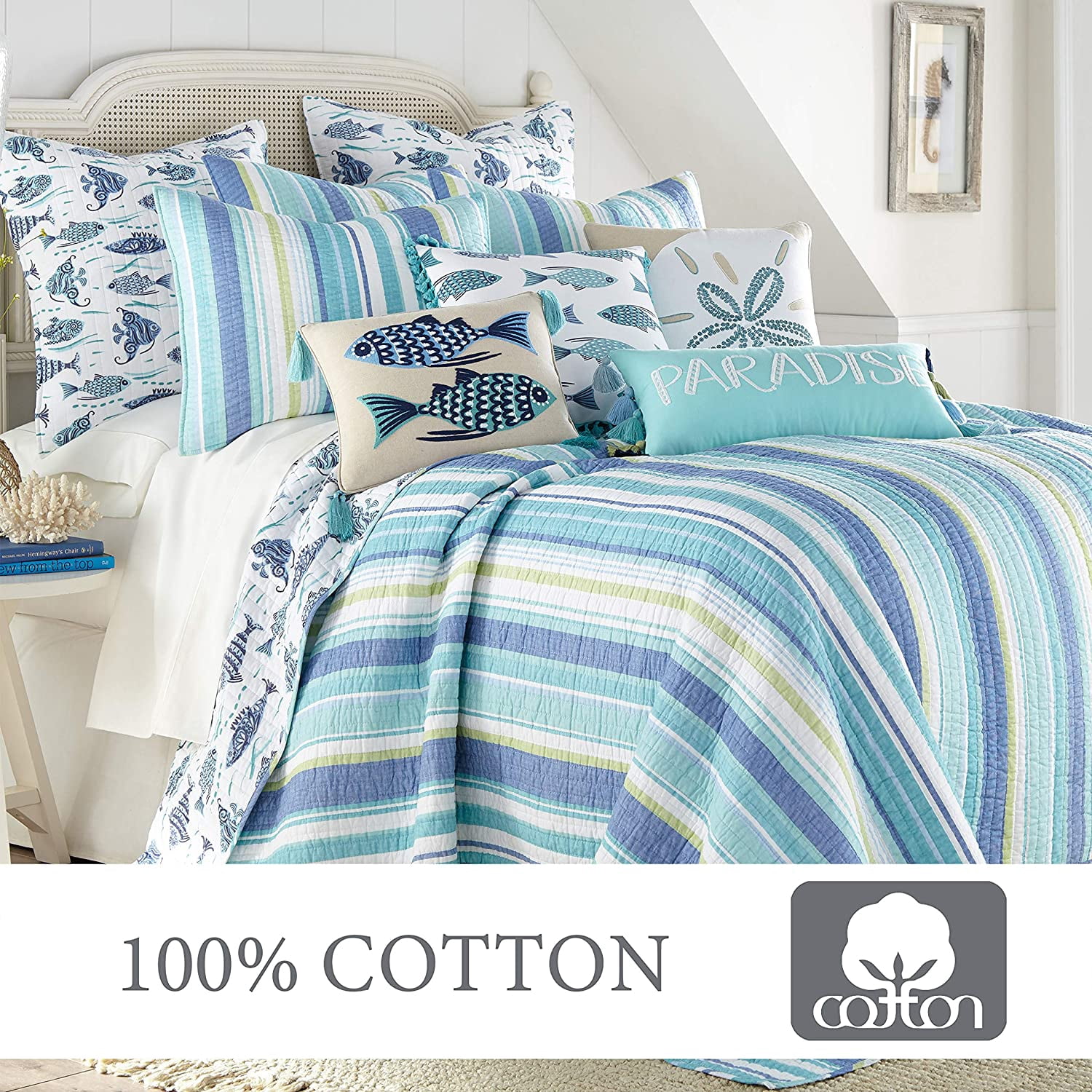 Levtex Home - Laida Beach Quilt Set - King Quilt + Two King Pillow Shams - Coastal Stripe - Green, Blue, White - Quilt Size (106x92in.) and Pillow Sham Size (36x20in. ) - Reversible - Cotton