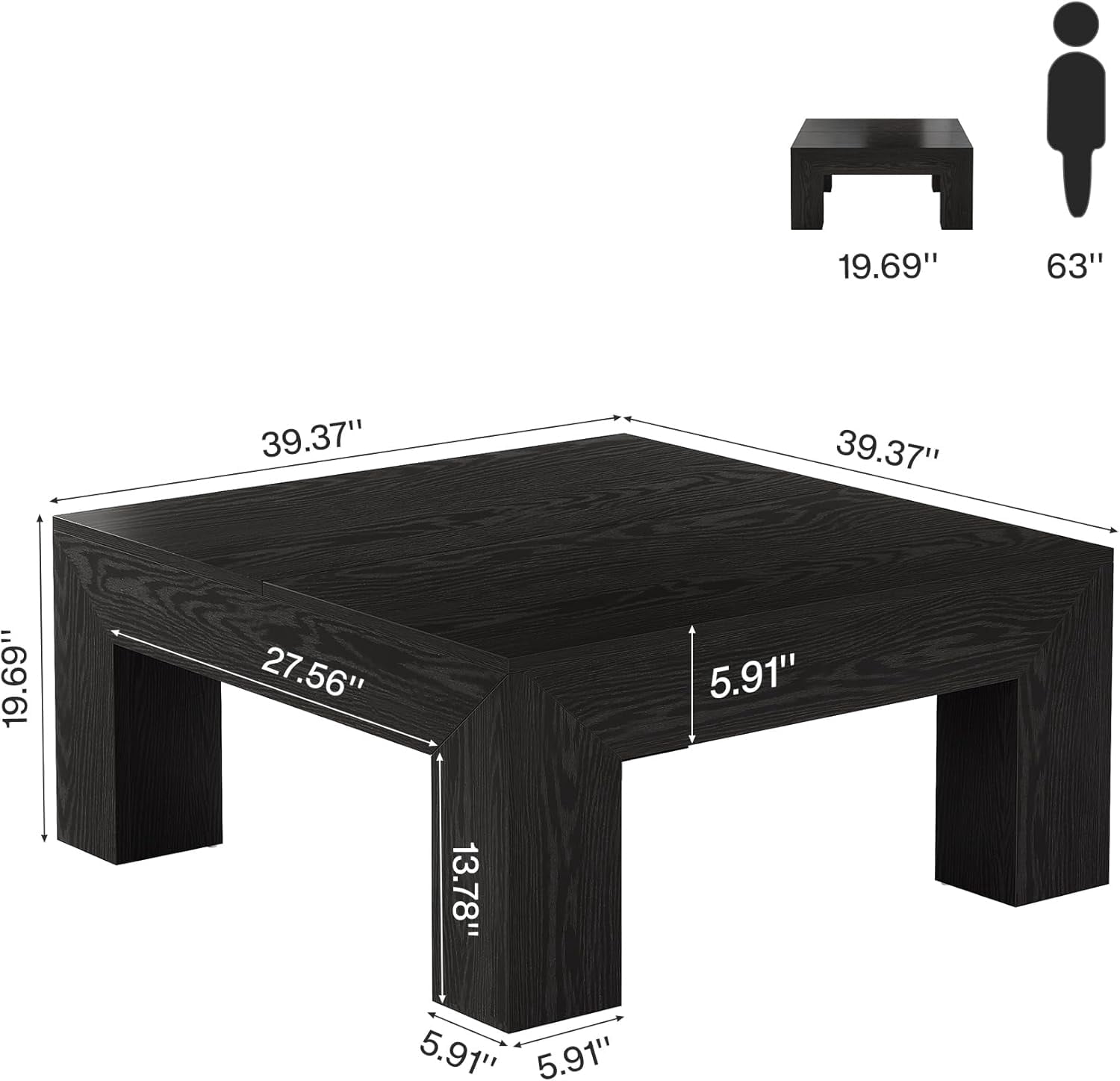 Finmind 39.4-Inch Square Coffee Table for Living Room, Farmhouse All Wood Accent Center Cocktail Table