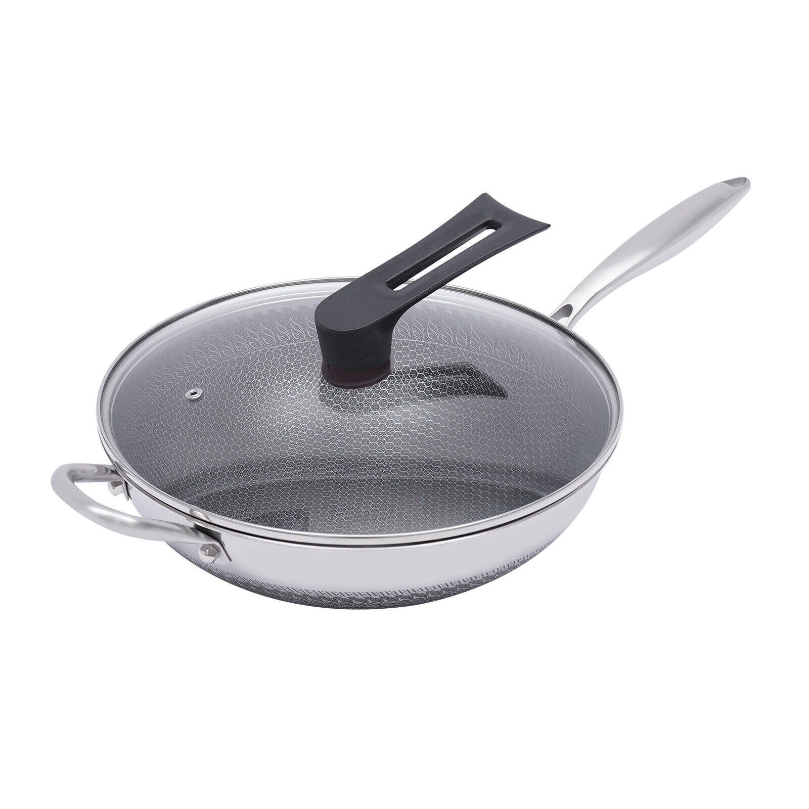 Silver Non Stick Double Sided Honeycomb Cooking Frying Wok Pan with Lid Stainless Steel for Electric Stoves