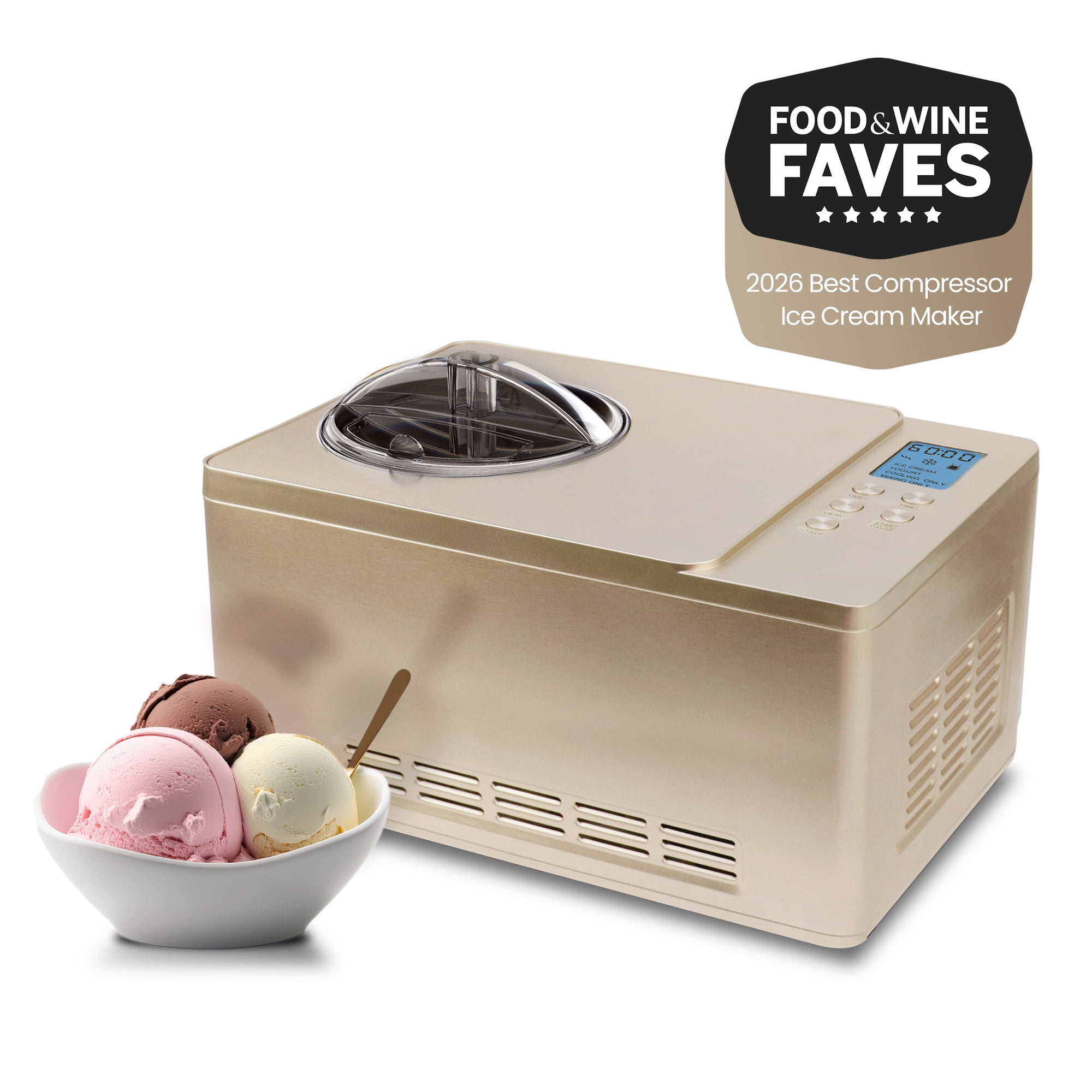 Whynter 2.1Qt Automatic Compressor Ice Cream & Yogurt Maker, Stainless Steel Bowl, Champagne Gold