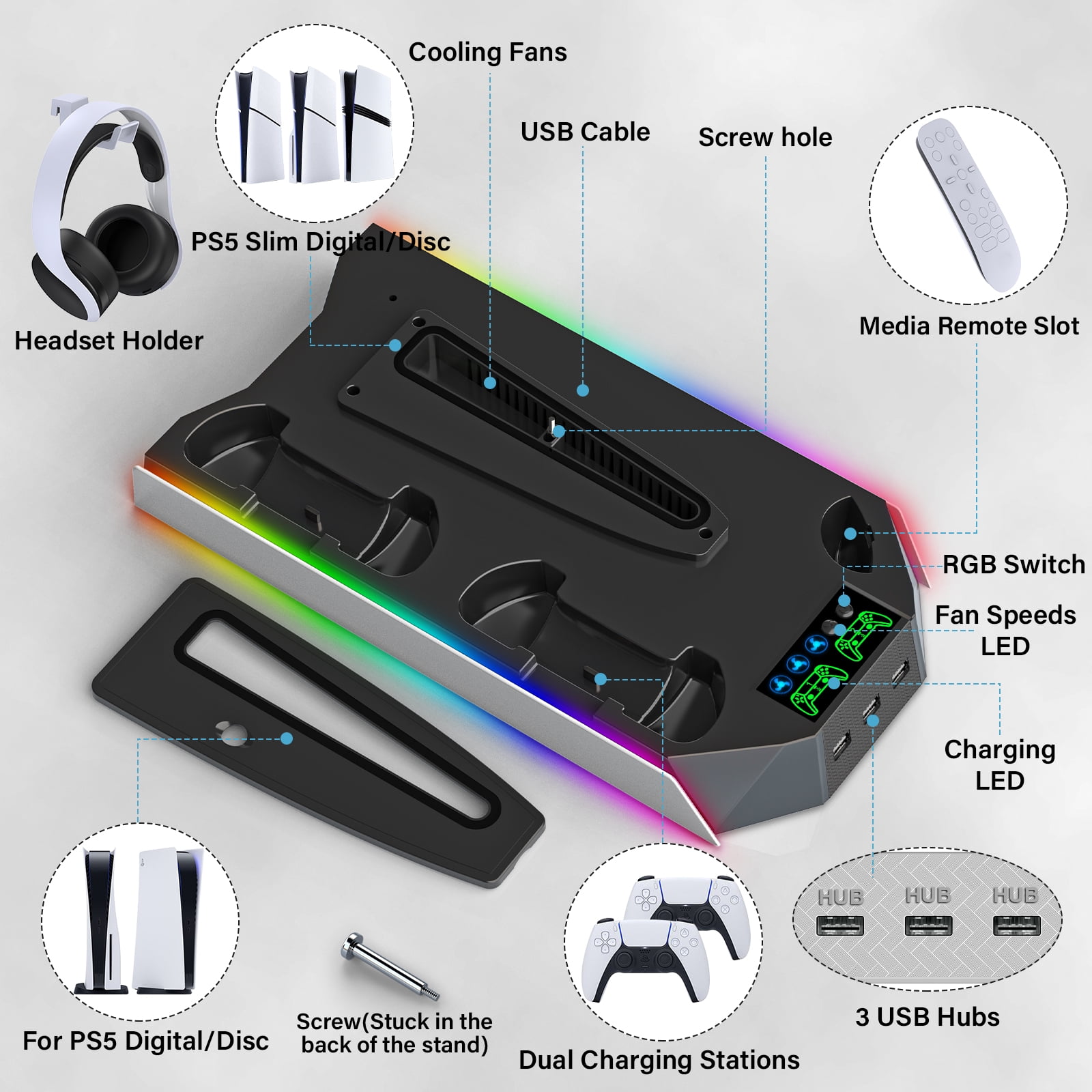 PS5 Stand with Cooling Fan,ZRZLMVP PS5 Cooling Station with Dual Controller Charging Station for PS5 Slim/Pro/Standard,3H Fast Charging/3 Speed Airflow/3 USB Ports/3 Lights - Black
