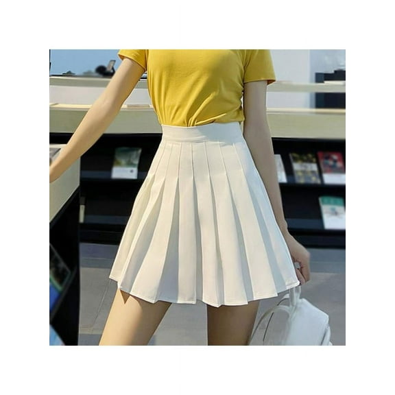 Women High Waisted Pleated Skirt Plain Plaid A-line Mini Skirt Skater Tennis School Uniform Skirts Lining Shorts