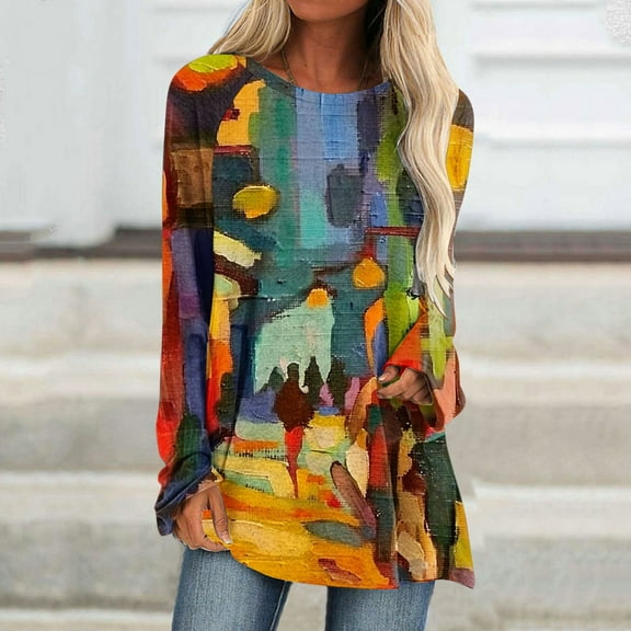 Plus Size Tops for Women Viikei Womens Tops Dressy Casual,Women's New Casual Fashion Crew-neck Long-sleeved Pullover Printed Top Red S