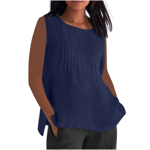 Vestidos Casuales Para Mujer, Blusas De Mujer De Moda Blusa holgada de verano para mujer, de imitación de lino, sin mangas, plisada y con cuello redondo