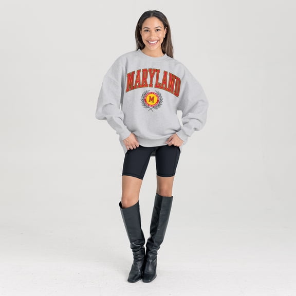 Women's Gameday Couture Ash Maryland Terrapins Oversized Tradition Refined Premium Fleece Sweatshirt
