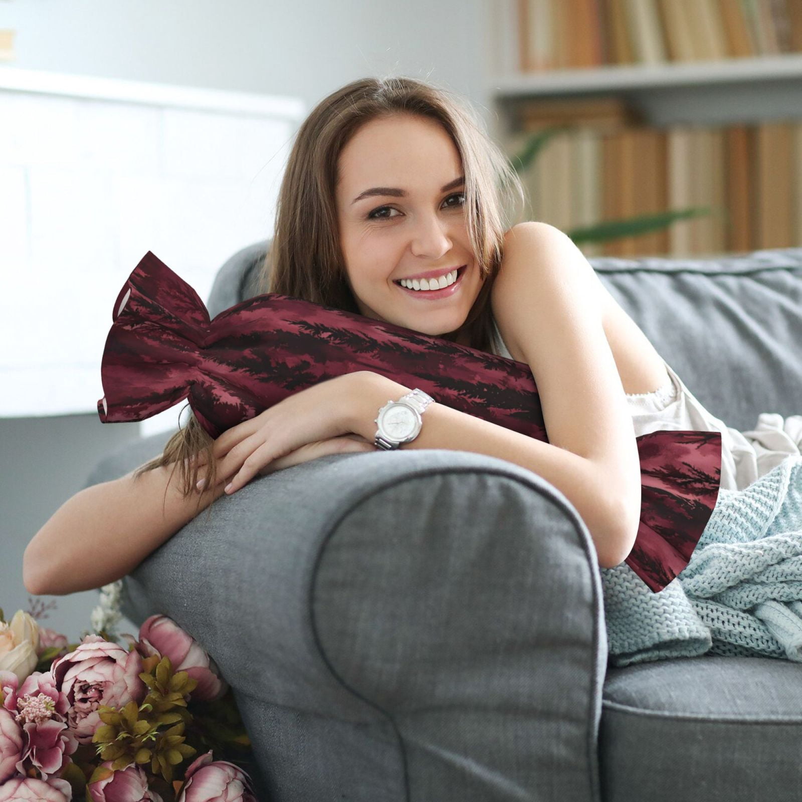 Candy Throw Pillow Travel Cervical Pillow Cylindrical Neck Body Cushion With Insert For Bed Couch Home Decor 9.8x24.4in Realistic Forests Camouflage Pattern Conifer Maroon_3