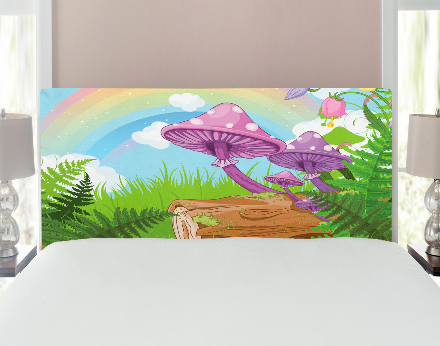 Mushroom Headboard, Scenery with Wood Timber Grass and Rainbow Fungus