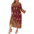 thumbnail image 4 of Vestido Maxi Boho de Talla Grande para Mujer Agnes Orinda, Cuello Redondo, Manga Larga, Cinturón, Casual, Corte A, Fluido, Talla 3X, Burdeos, 4 of 6