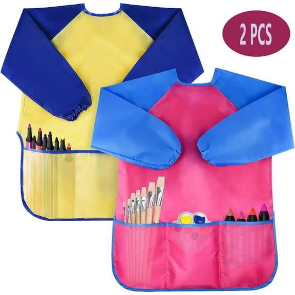2Pcs Painting Aprons for 3-8 Years Kids ,Waterproof Art Smocks, Long Sleeve with 3 Pockets(Pink,Yellow)